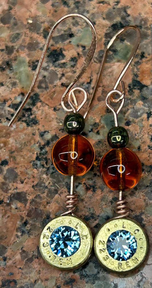 Copper Wire Dangle Bullet Casing Earrings with Swarovski Crystals