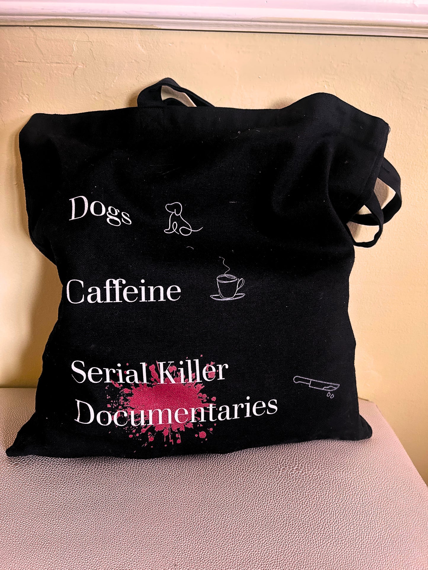 "Dogs/Cats. Caffeine. Serial Killer Documentaries" Black Tote Bag