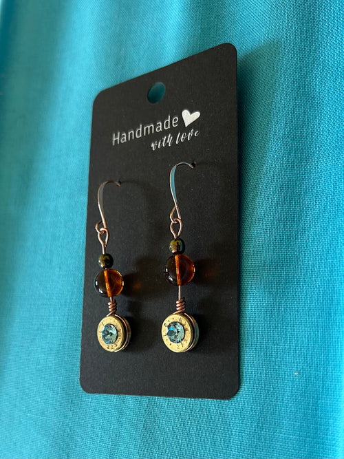 Copper Wire Dangle Bullet Casing Earrings with Swarovski Crystals