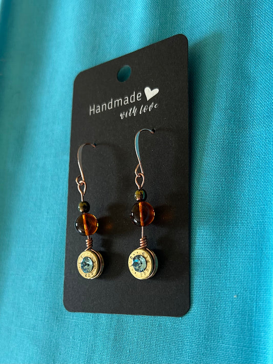 Copper Wire Dangle Bullet Casing Earrings with Swarovski Crystals