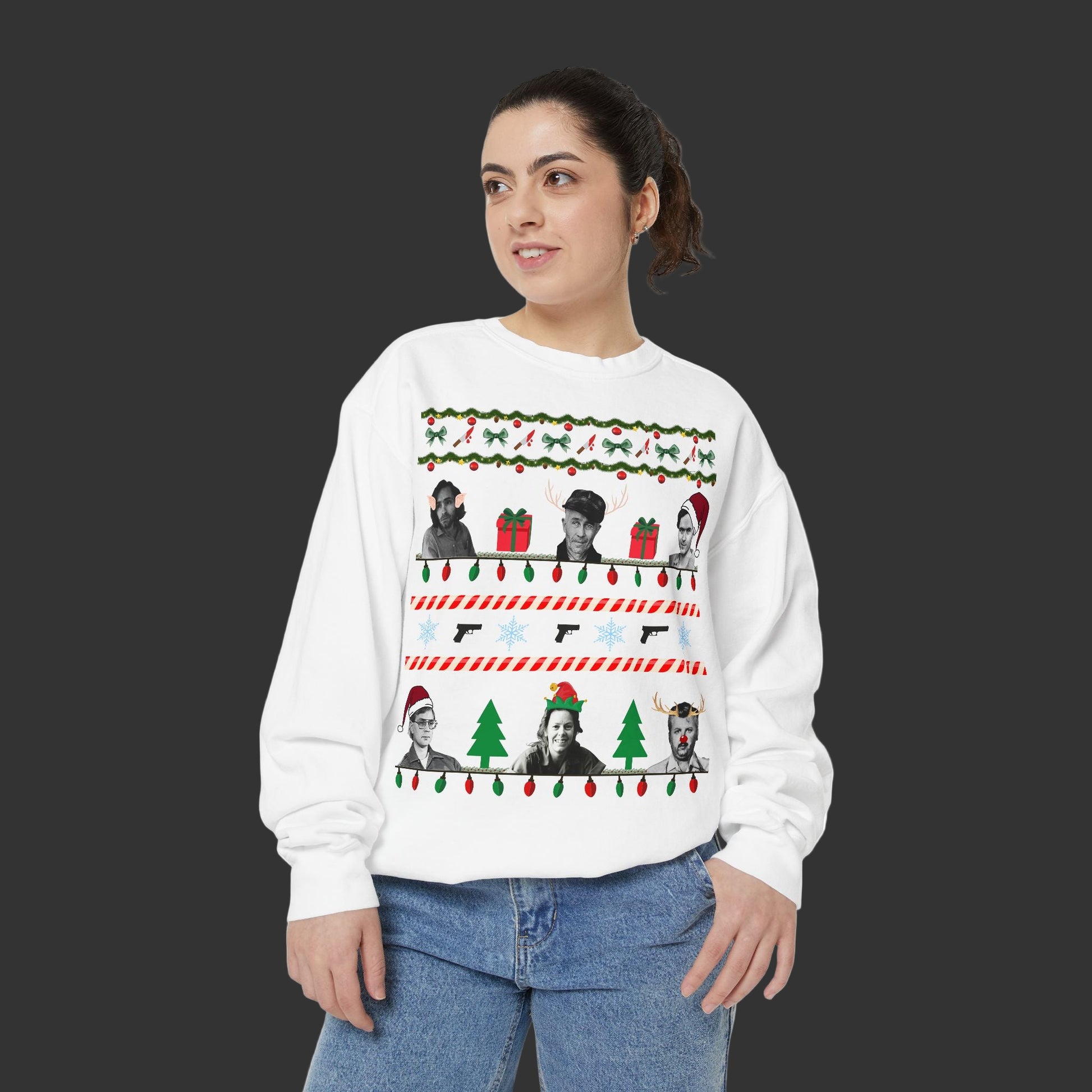 Person wearing a white sweater with a festive design on a white background