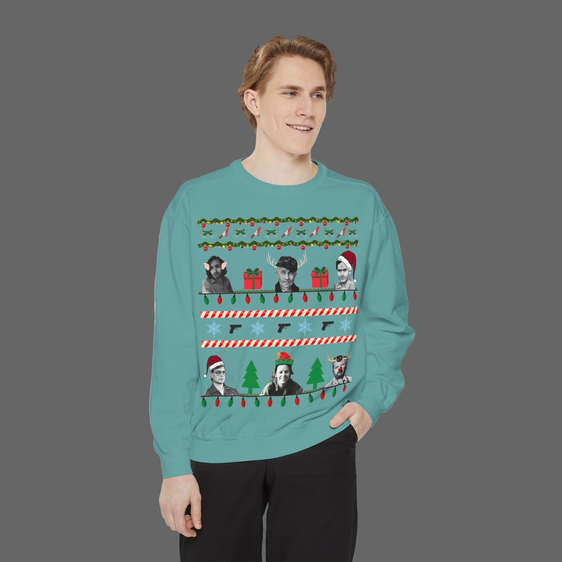 Person wearing a green sweater with Christmas-themed designs on a white background