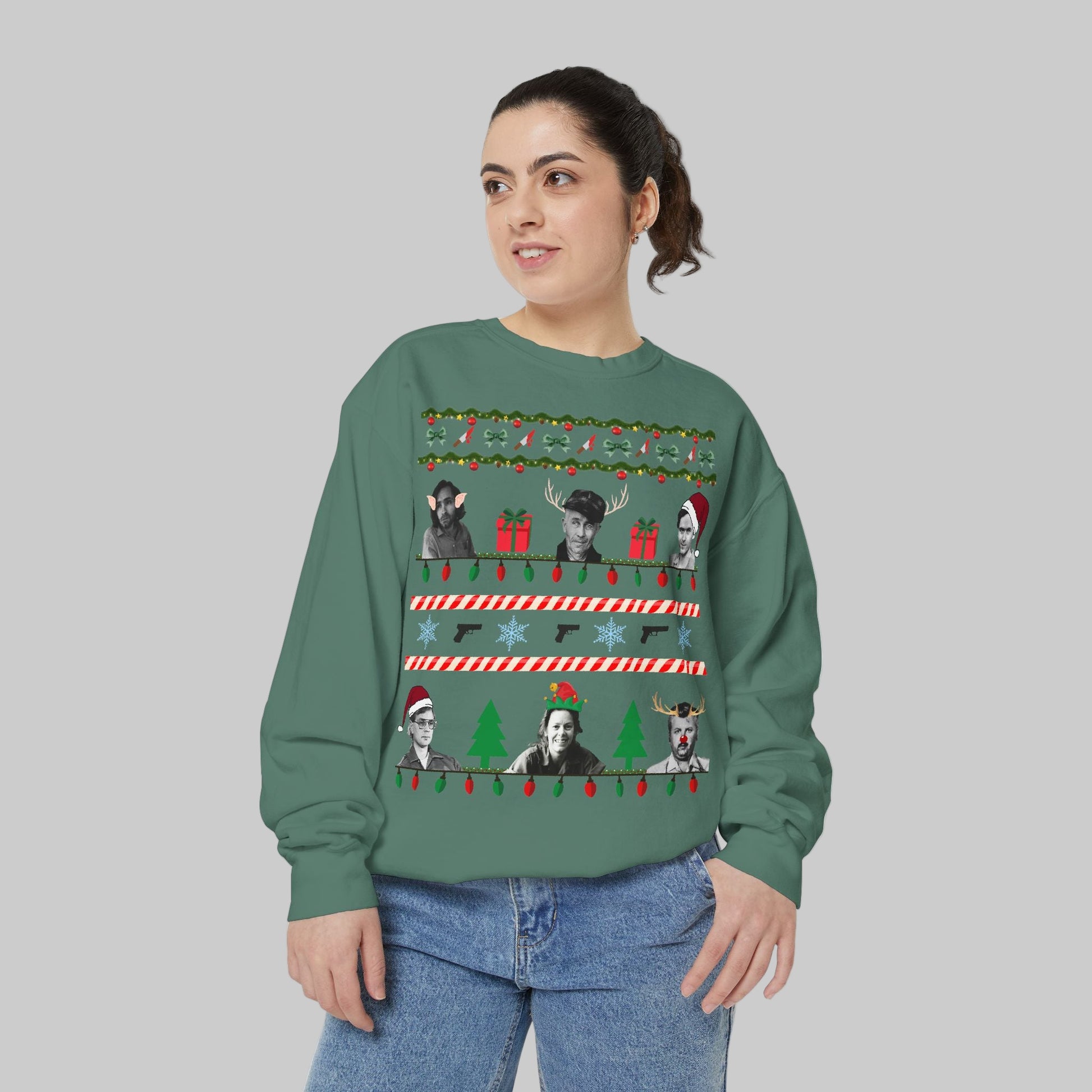 Person wearing a green sweater with a festive design on a white background