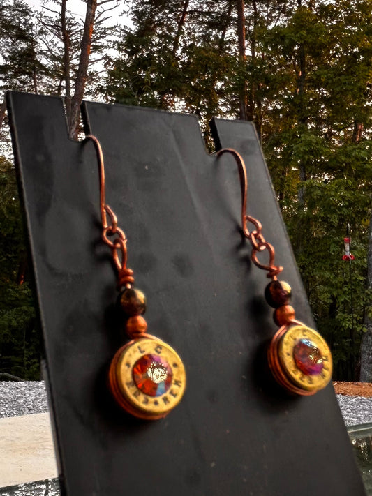 Copper Wire Dangle Bullet Casing Earrings with Swarovski Crystals