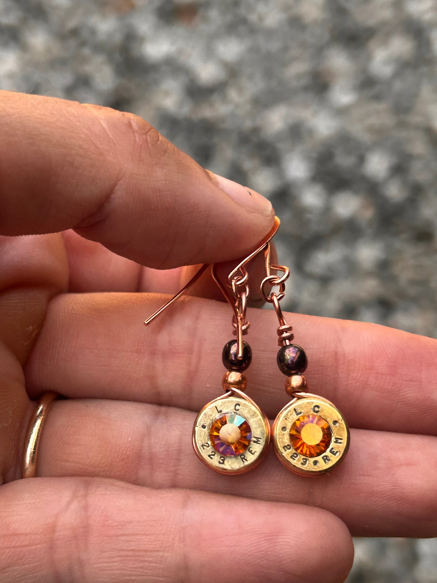 Copper Wire Dangle Bullet Casing Earrings with Swarovski Crystals