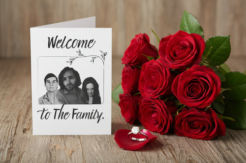 Card with 'Welcome to The Family' text and a photo of three people on a white background