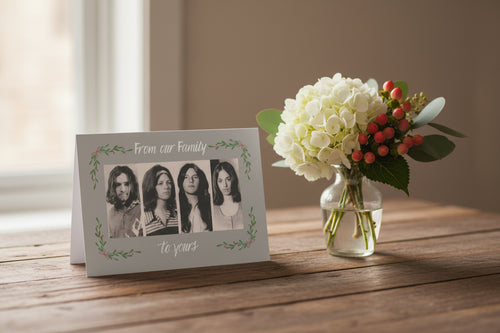 Holiday card with family photo and decorative text on a gray background