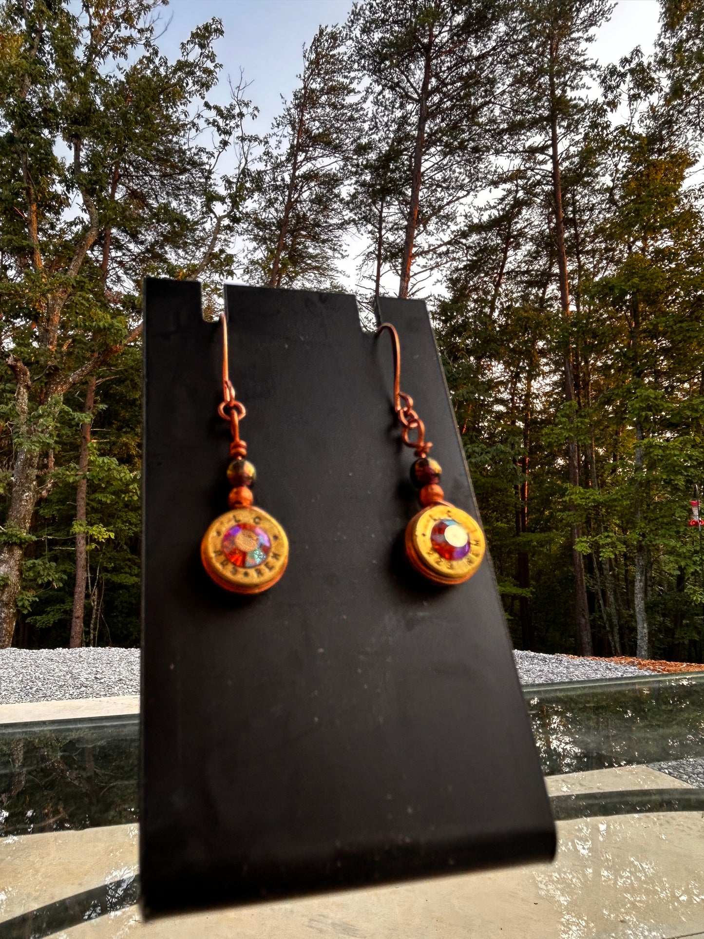 Copper Wire Dangle Bullet Casing Earrings with Swarovski Crystals