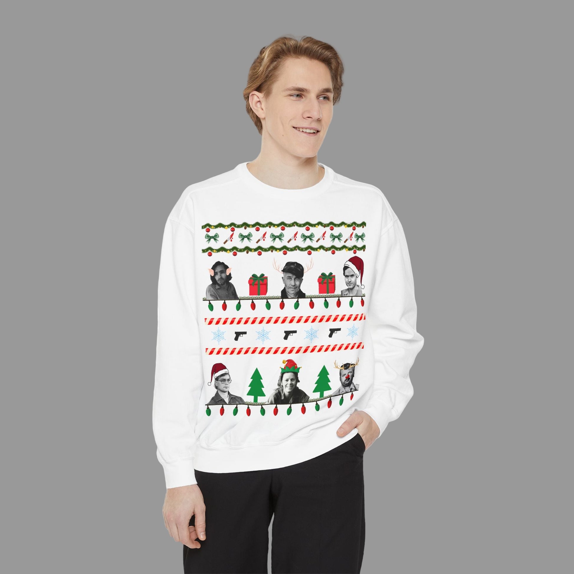 Person wearing a white Christmas-themed sweater with festive designs on a white background