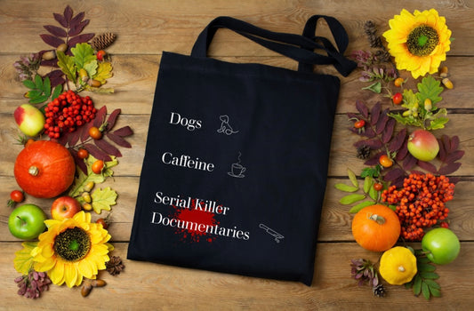 "Dogs/Cats. Caffeine. Serial Killer Documentaries" Black Tote Bag