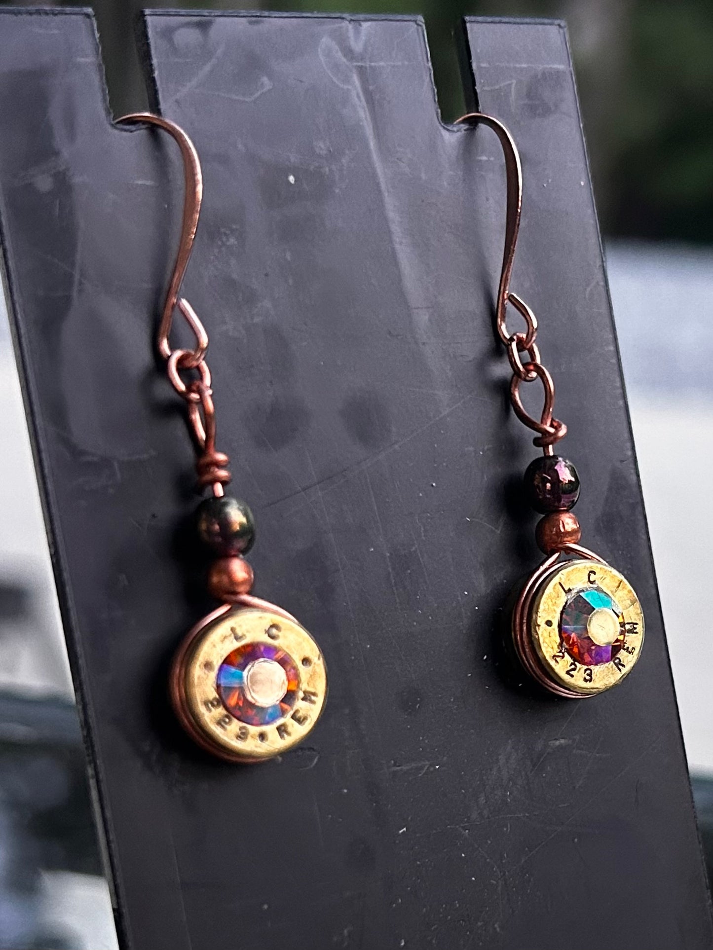 Copper Wire Dangle Bullet Casing Earrings with Swarovski Crystals