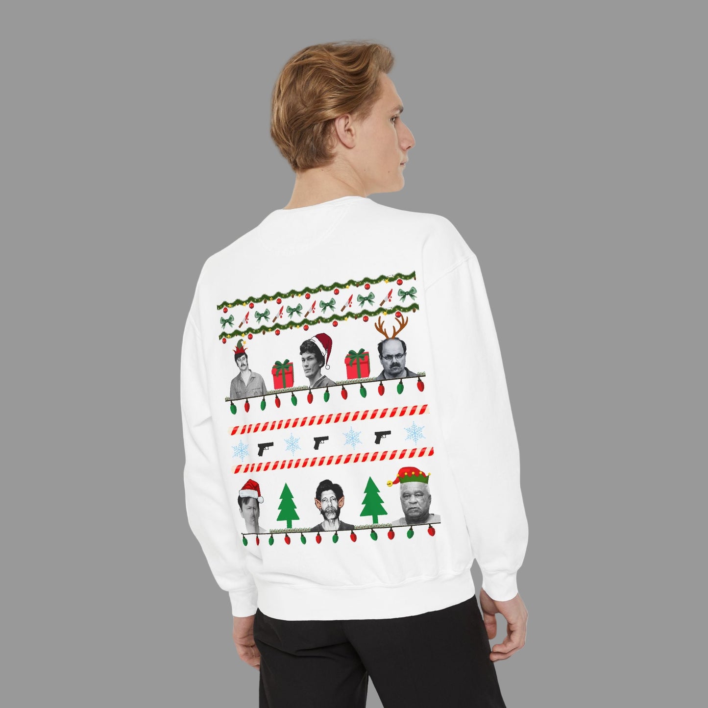 Person wearing a white sweater with Christmas-themed designs on a white background