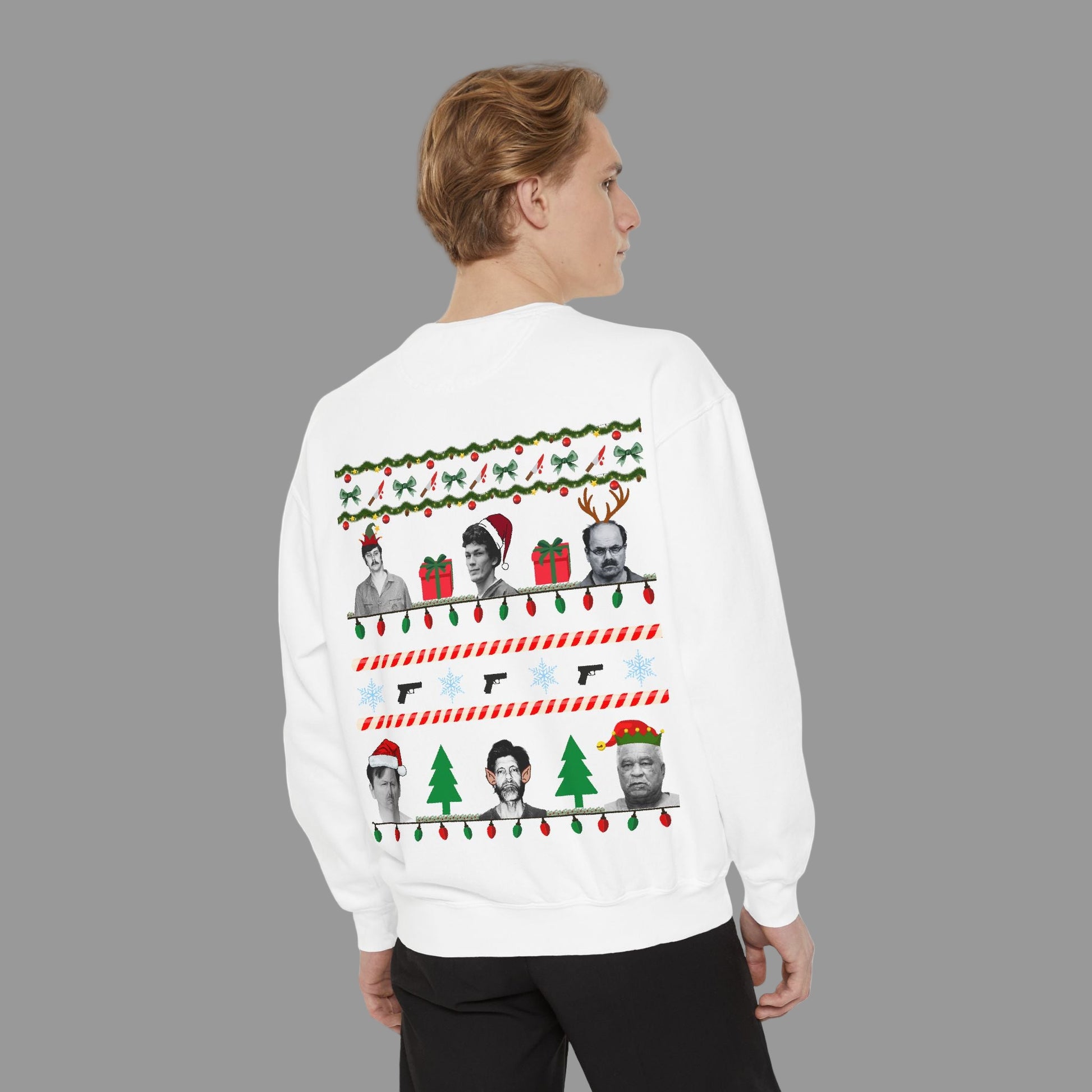 Person wearing a white sweater with Christmas-themed designs on a white background