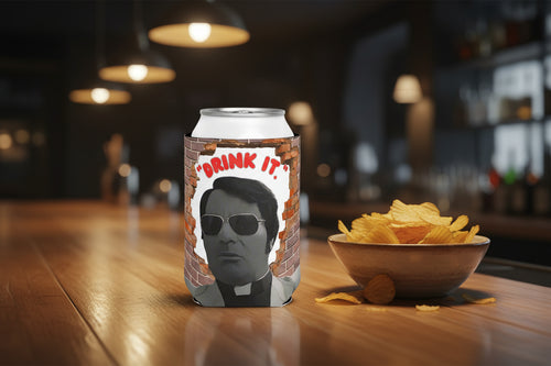 Can cooler with a design of a person wearing sunglasses and text 'DRINK IT.' against a brick wall background.