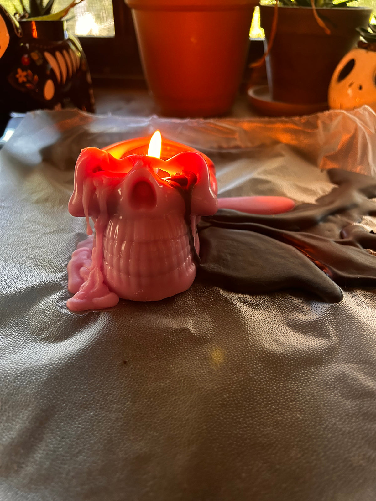 Pink Bleeding Skull Candle