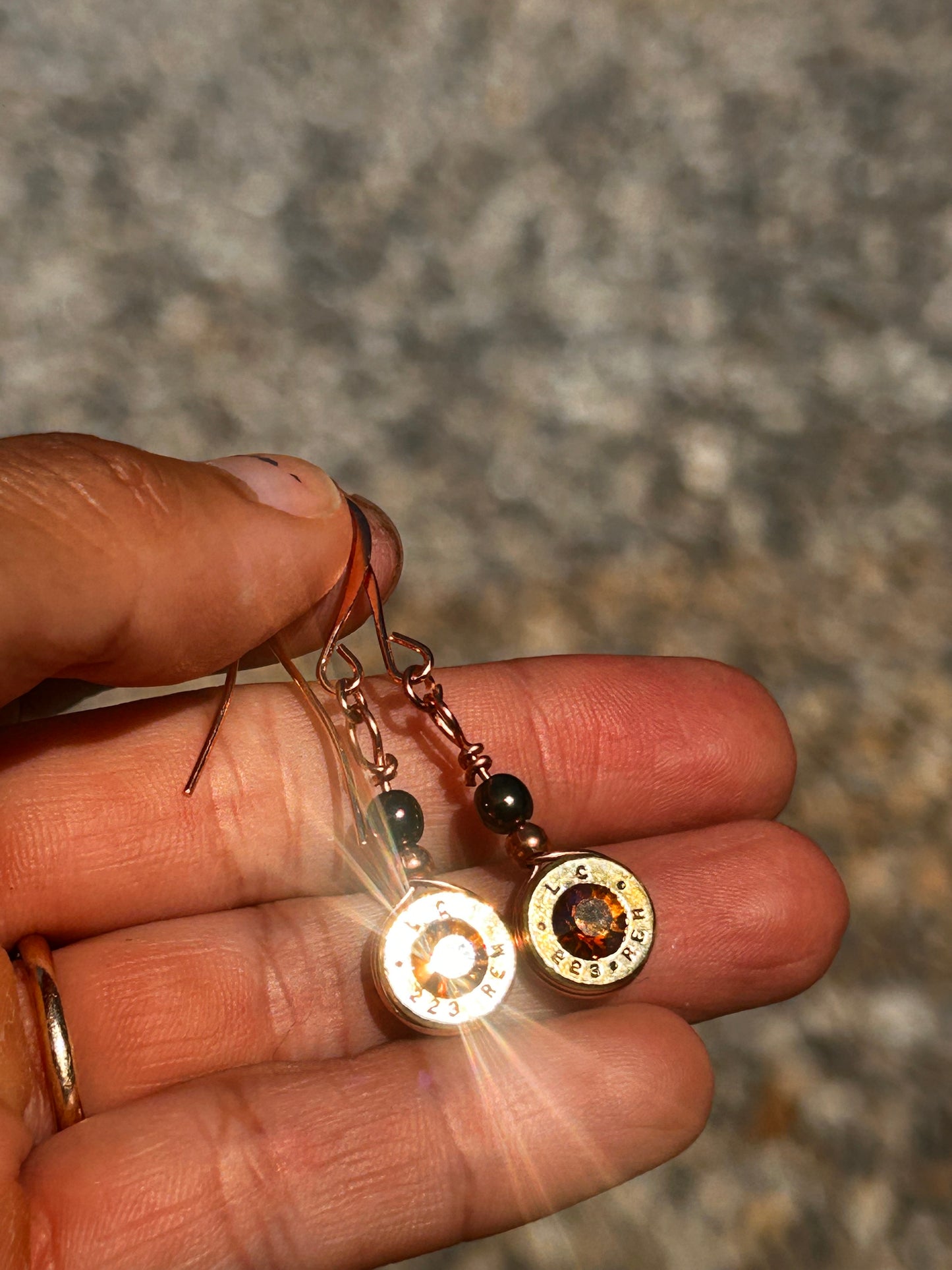 Copper Wire Dangle Bullet Casing Earrings with Swarovski Crystals