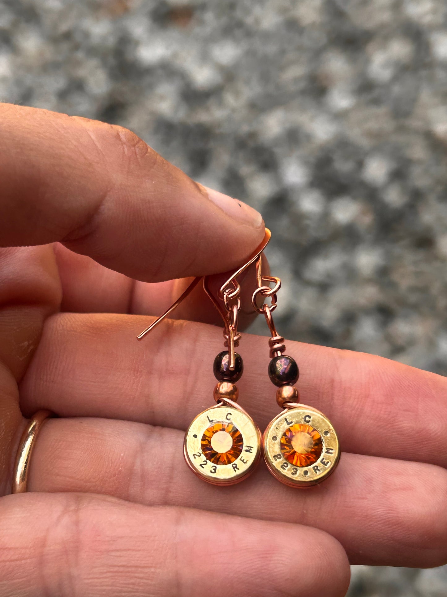 Copper Wire Dangle Bullet Casing Earrings with Swarovski Crystals